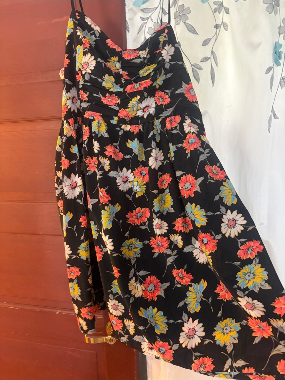 Xhilaration Black Mini Dress with Coral, White & Yellow Floral Print
